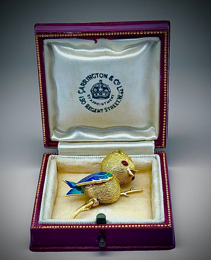 Osprey  "Crowned Bird On A Branch" garnet, green, red, black enamel 18K Yellow Gold Brooch/Pendant