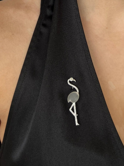 Diamond, Crystal and 18k White Gold Flamingo Brooch