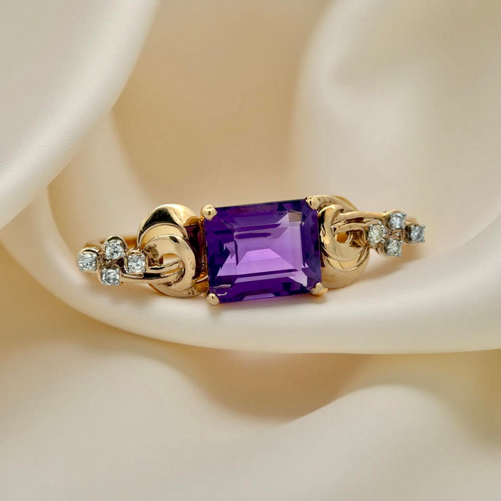 Italian Designer Giovanni Apa Retro 1940's  Amethyst and Diamond Bracelet, Earring Brooch 14K Yellow Gold Boxed Set