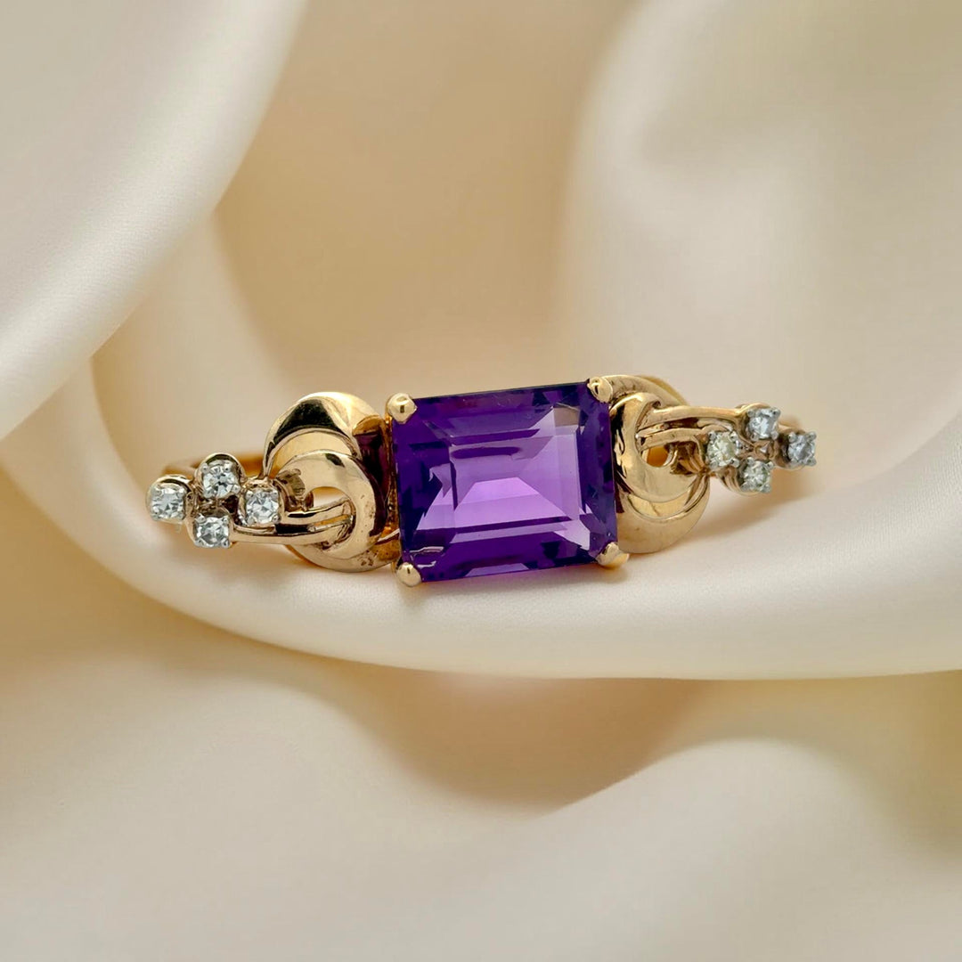 Italian Designer Giovanni Apa Retro 1940's  Amethyst and Diamond Bracelet, Earring Brooch 14K Yellow Gold Boxed Set