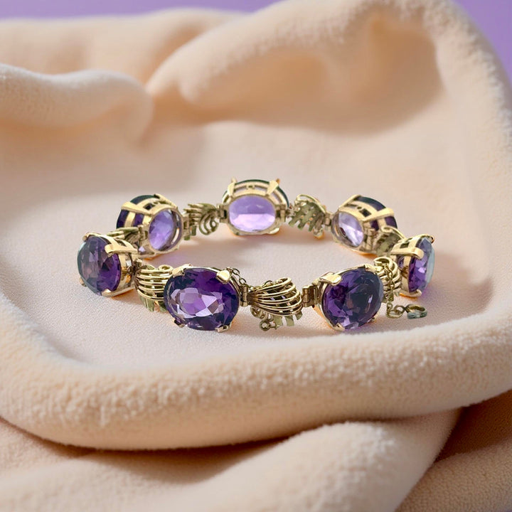 Italian Designer Giovanni Apa Retro 1940's  Amethyst and Diamond Bracelet, Earring Brooch 14K Yellow Gold Boxed Set