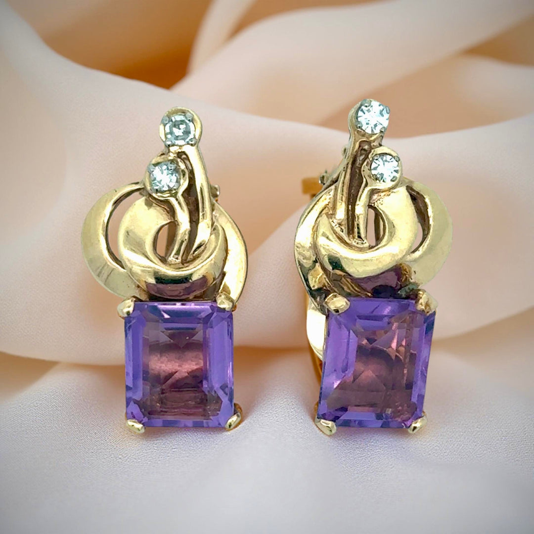 Italian Designer Giovanni Apa Retro 1940's  Amethyst and Diamond Bracelet, Earring Brooch 14K Yellow Gold Boxed Set