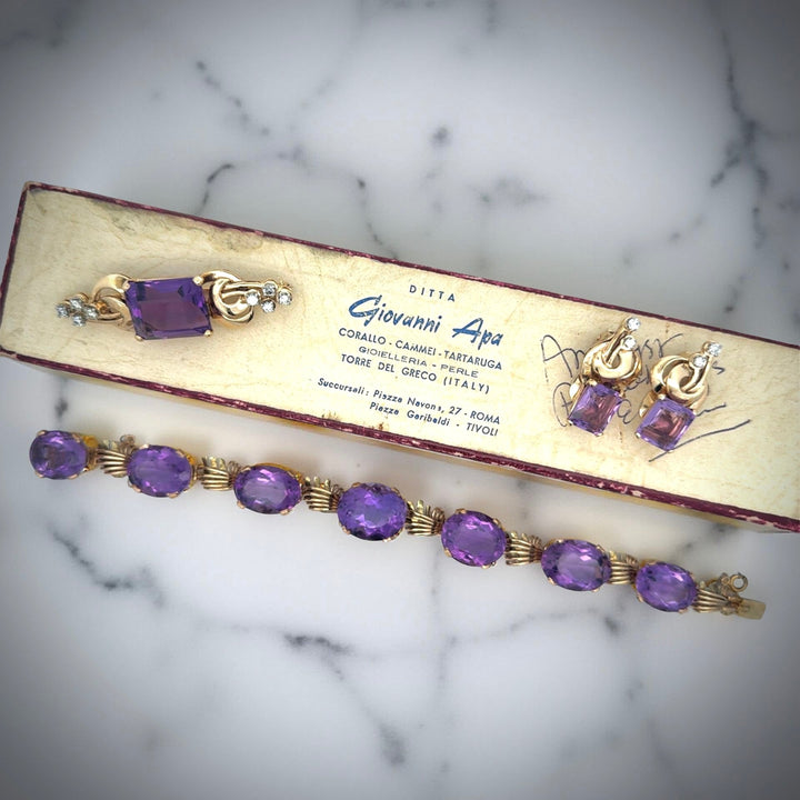 Italian Designer Giovanni Apa Retro 1940's  Amethyst and Diamond Bracelet, Earring Brooch 14K Yellow Gold Boxed Set