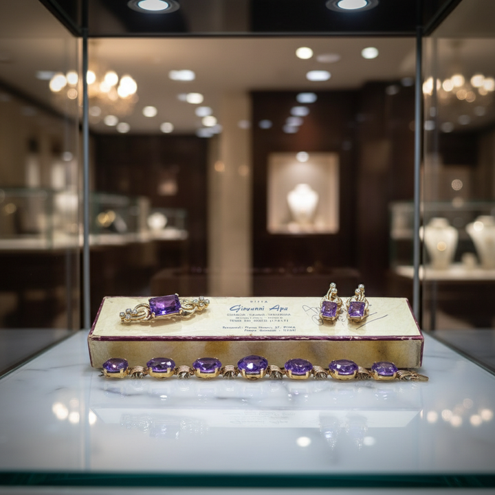 Italian Designer Giovanni Apa Retro 1940's  Amethyst and Diamond Bracelet, Earring Brooch 14K Yellow Gold Boxed Set