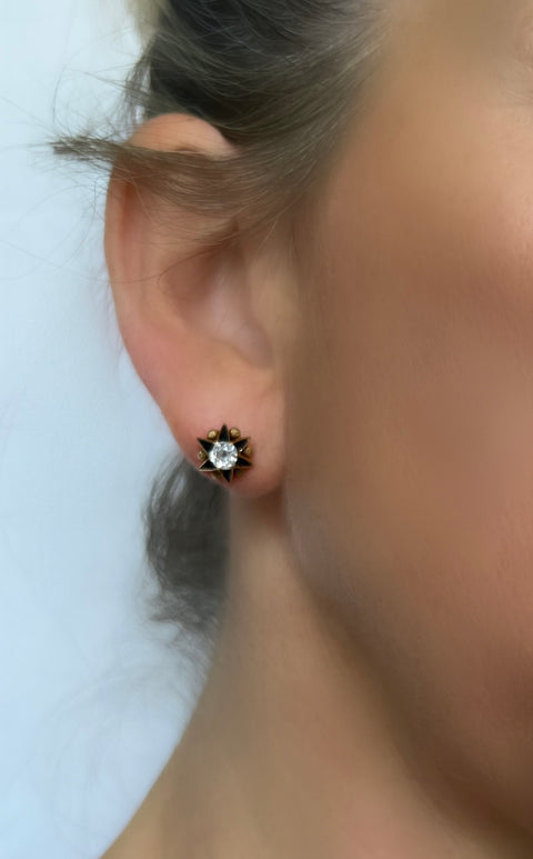 Antique .80 ctw Old Mine Cut Diamonds in 14K Yellow Gold and Enamel Star Stud Earrings
