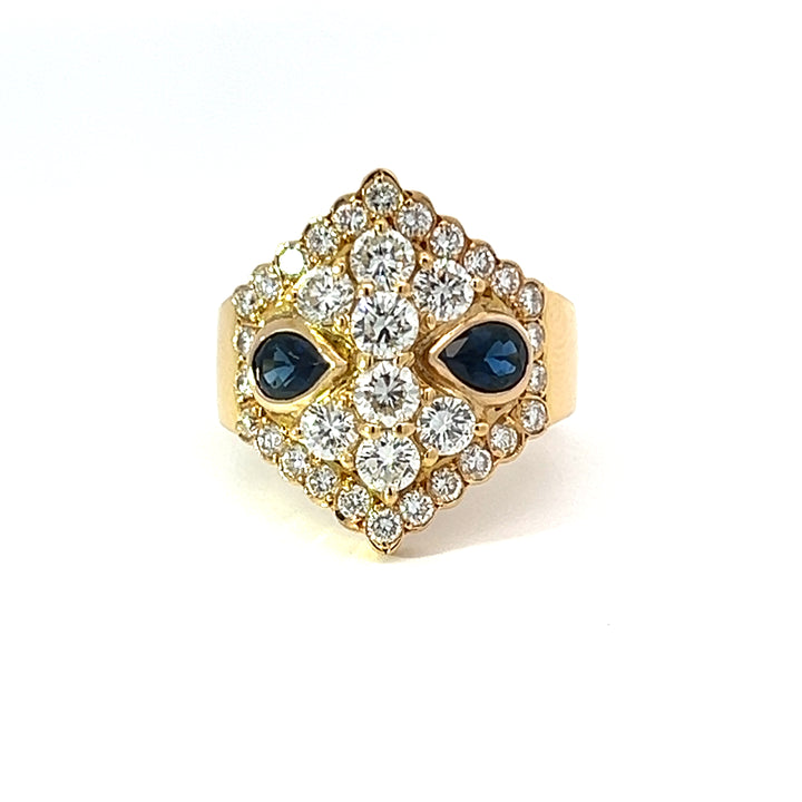 Bold Diamond, Sapphire and 18k Yellow Gold Ring