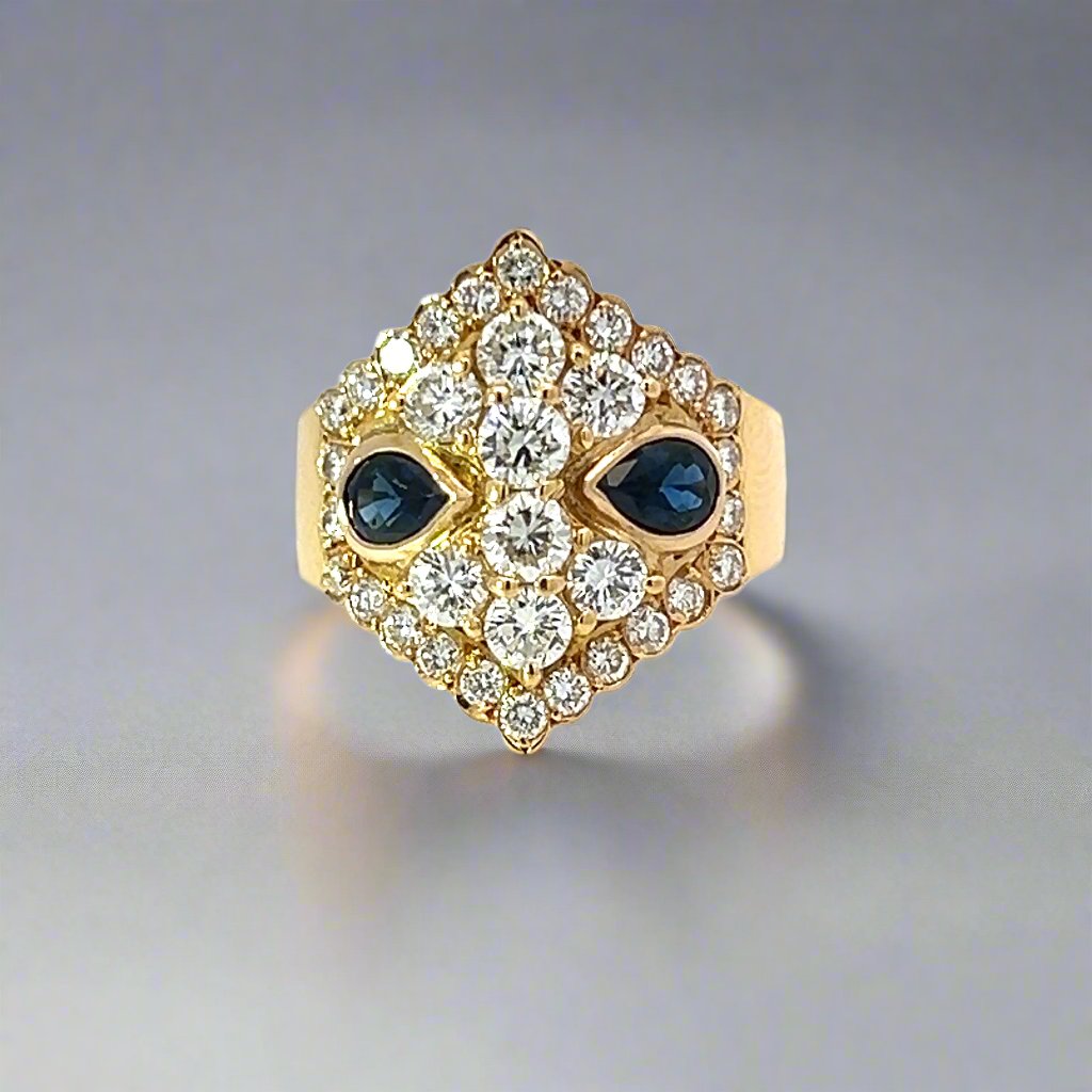 Bold Diamond, Sapphire and 18k Yellow Gold Ring