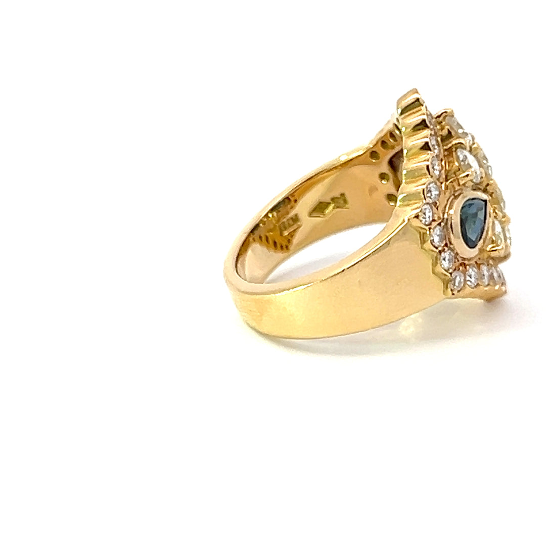 Bold Diamond, Sapphire and 18k Yellow Gold Ring