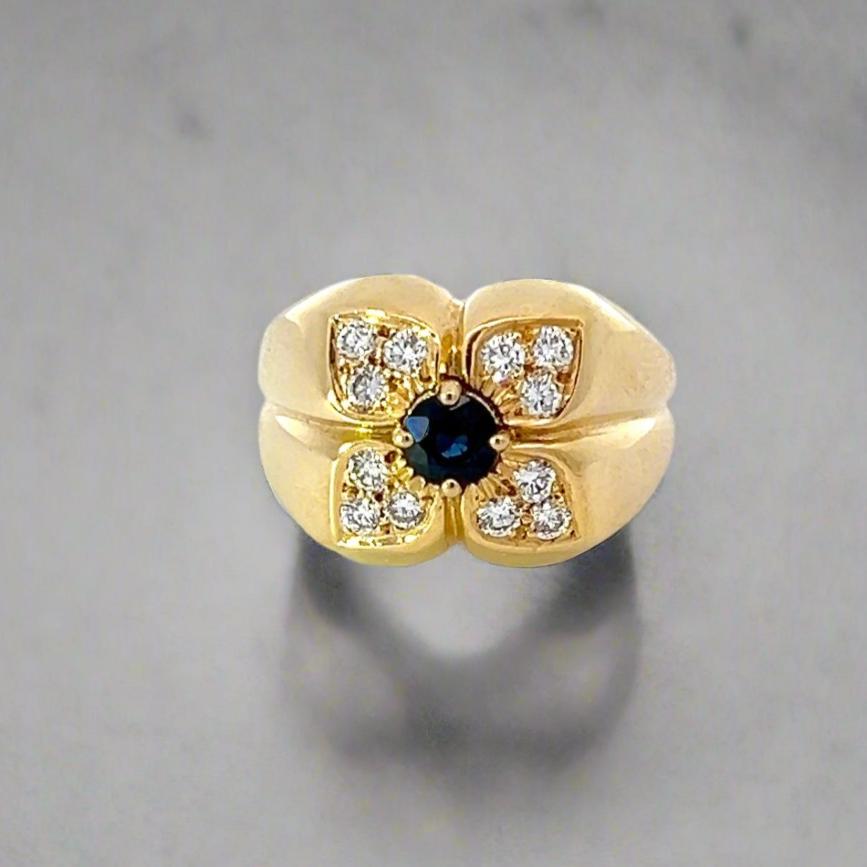 18k Yellow Gold, Diamond and Sapphire Vintage Flower Ring