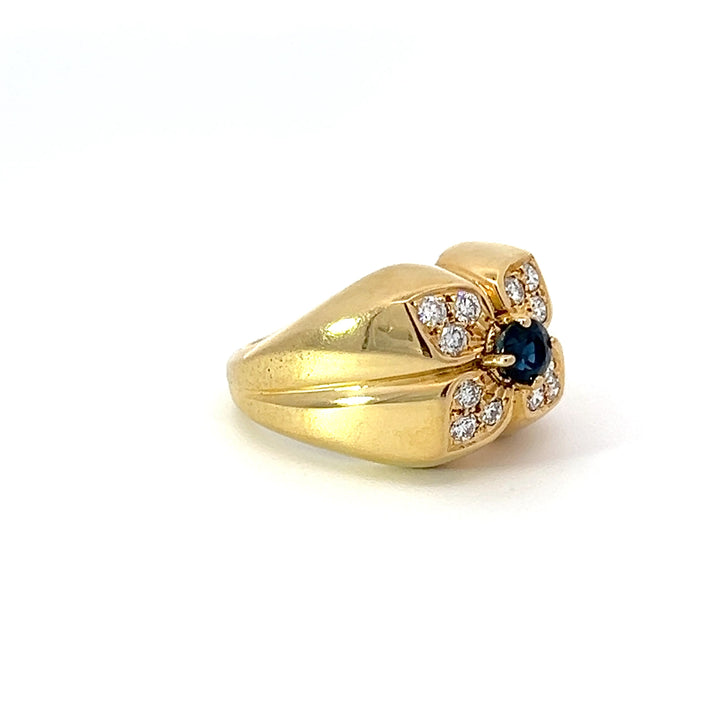 18k Yellow Gold, Diamond and Sapphire Vintage Flower Ring