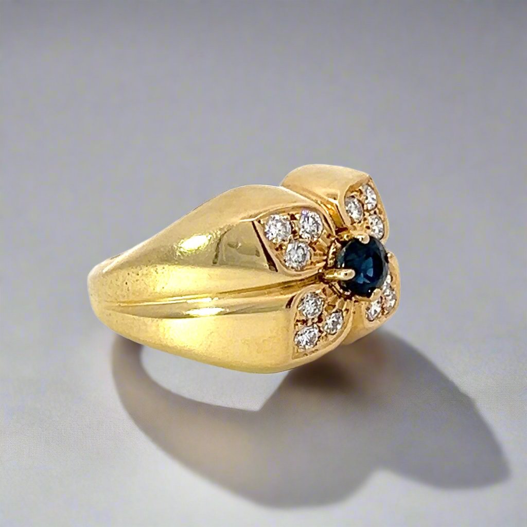 18k Yellow Gold, Diamond and Sapphire Vintage Flower Ring