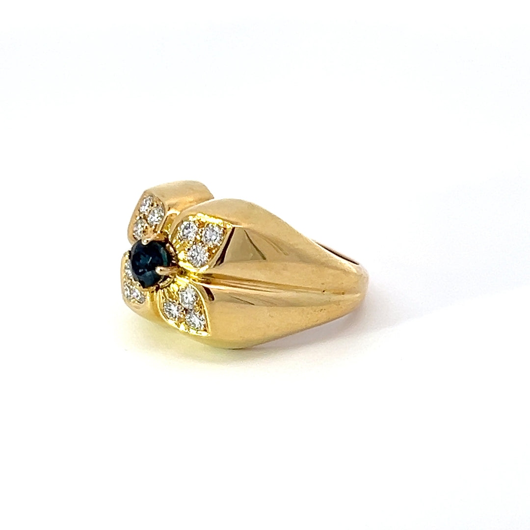 18k Yellow Gold, Diamond and Sapphire Vintage Flower Ring