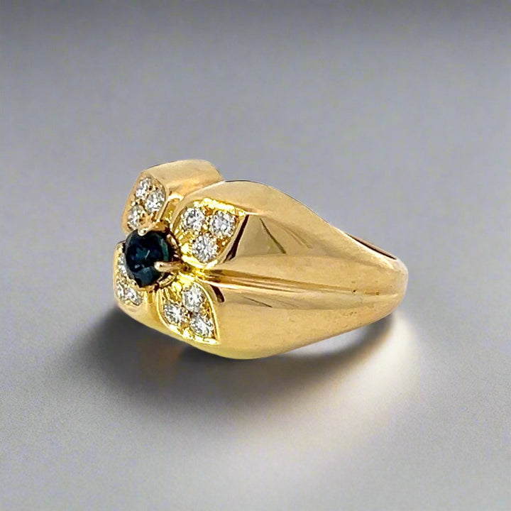 18k Yellow Gold, Diamond and Sapphire Vintage Flower Ring