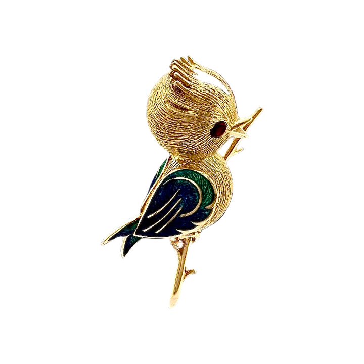 Osprey  "Crowned Bird On A Branch" garnet, green, red, black enamel 18K Yellow Gold Brooch/Pendant