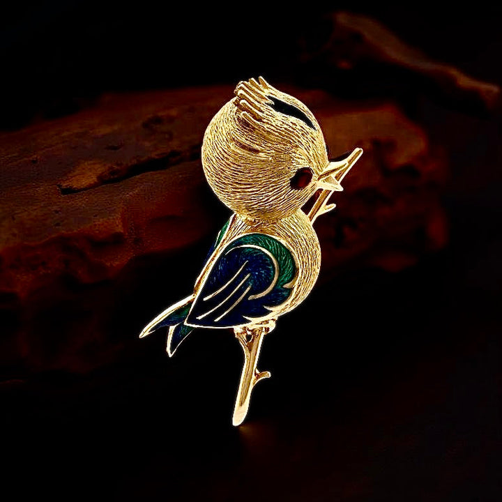 Osprey  "Crowned Bird On A Branch" garnet, green, red, black enamel 18K Yellow Gold Brooch/Pendant