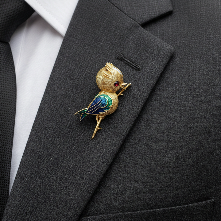 Osprey  "Crowned Bird On A Branch" garnet, green, red, black enamel 18K Yellow Gold Brooch/Pendant
