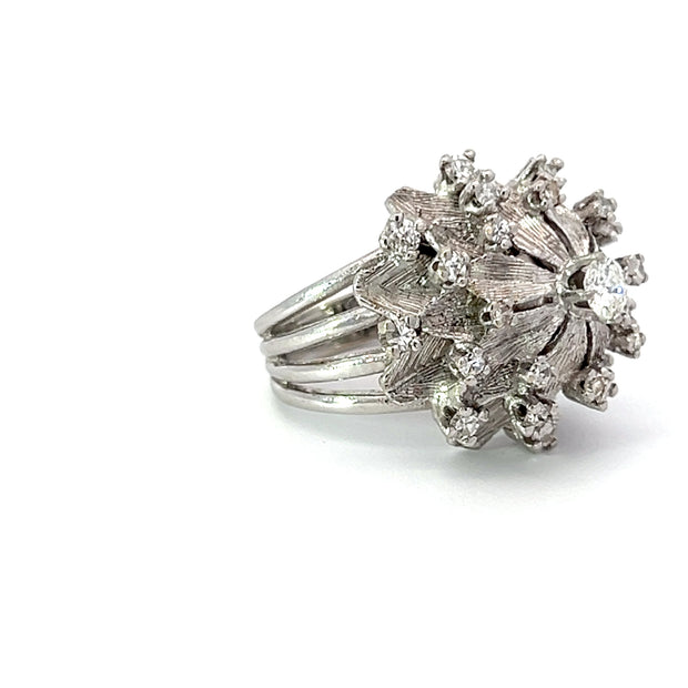Circa 1950s Diamond and 14k White Gold Retro Cluster Ring