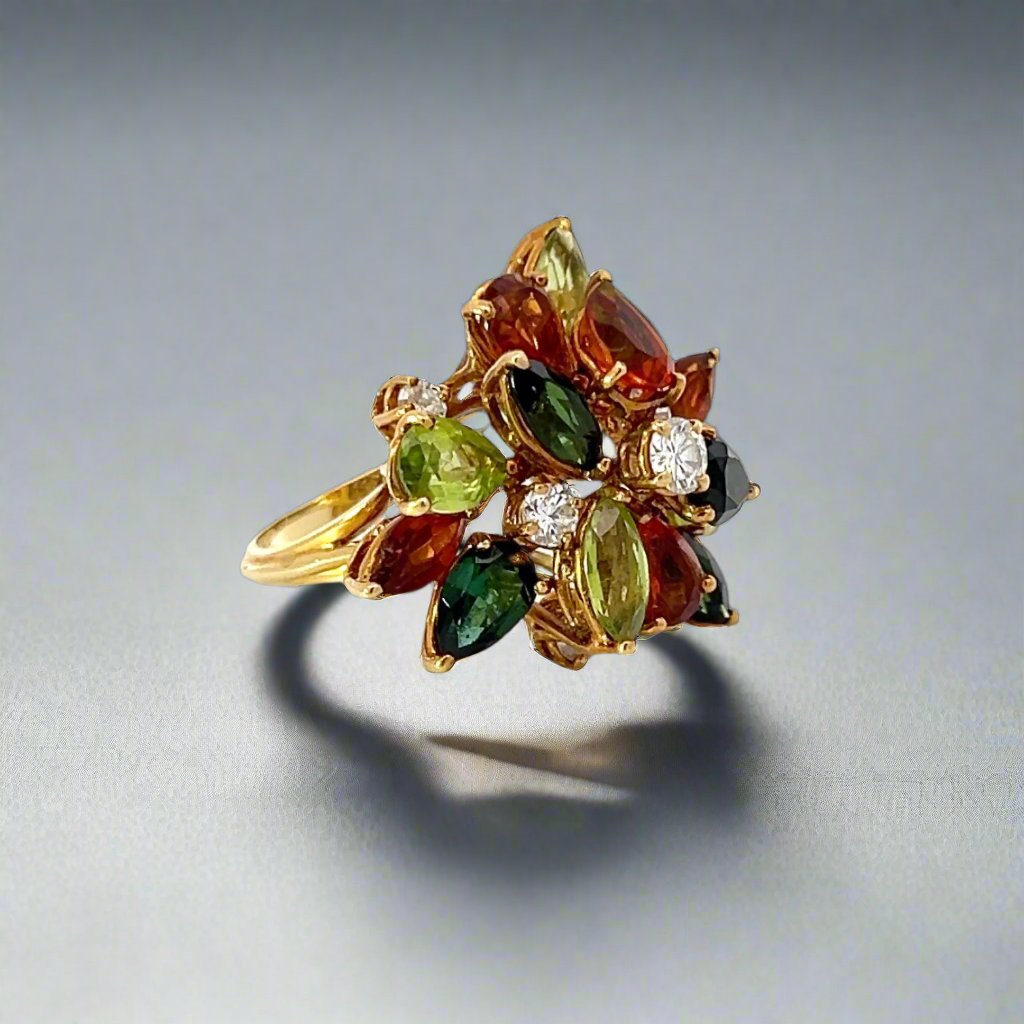 Diamond, Multi-Gemstone and 18k Yellow Gold Retro Cluster Ring