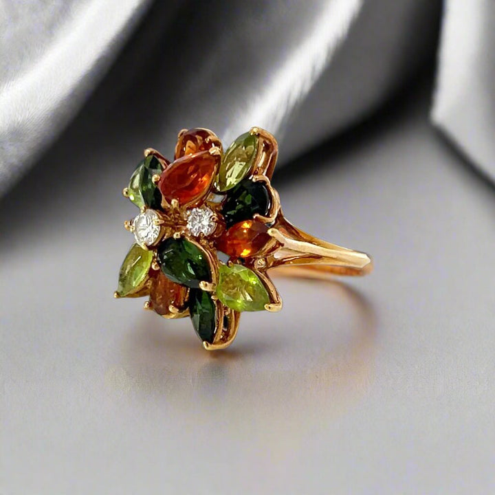 Diamond, Multi-Gemstone and 18k Yellow Gold Retro Cluster Ring