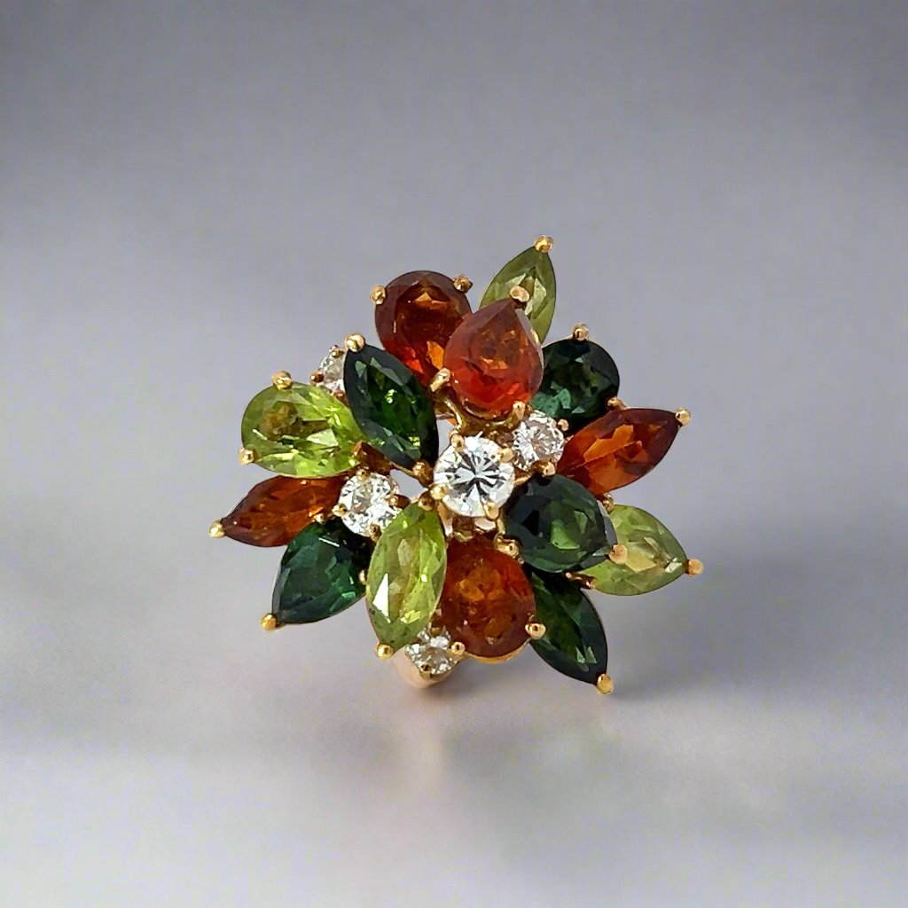 Diamond, Multi-Gemstone and 18k Yellow Gold Retro Cluster Ring