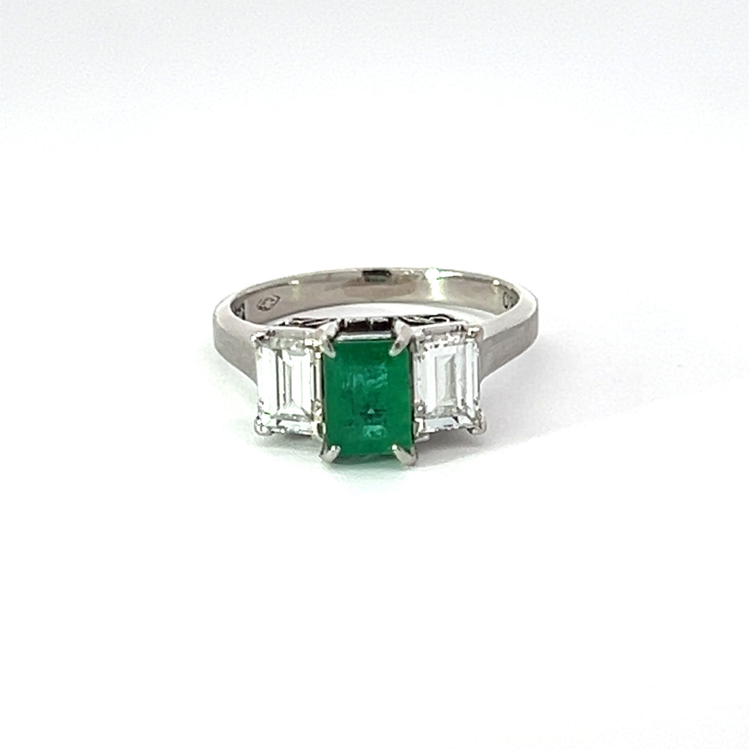 Emerald, Diamond and Platinum Three Stone Ring