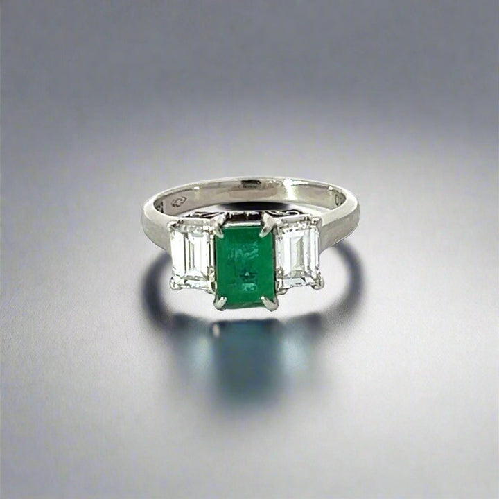 Emerald, Diamond and Platinum Three Stone Ring