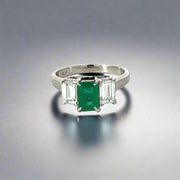 Emerald, Diamond and Platinum Three Stone Ring