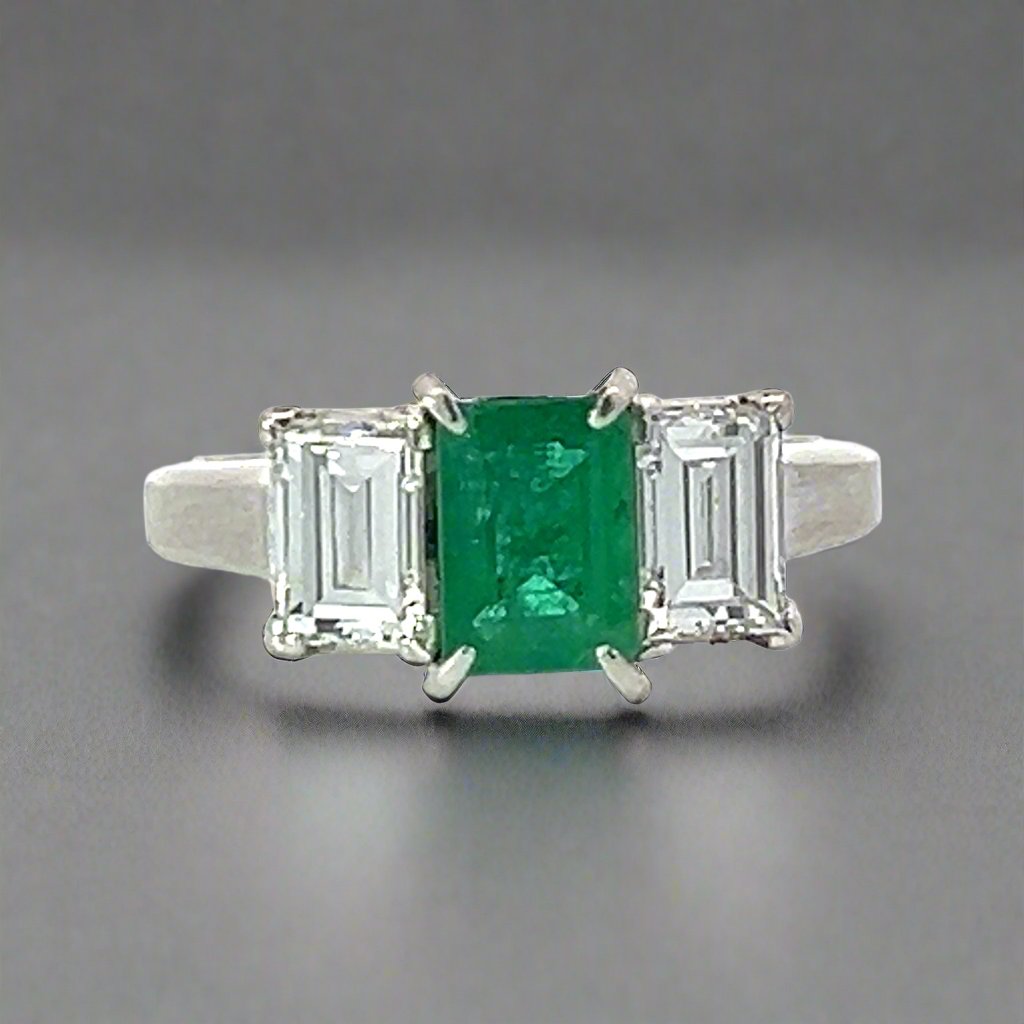 Emerald, Diamond and Platinum Three Stone Ring