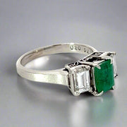 Emerald, Diamond and Platinum Three Stone Ring