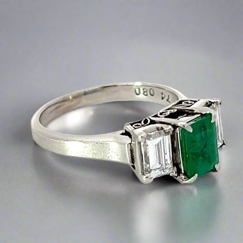 Emerald, Diamond and Platinum Three Stone Ring