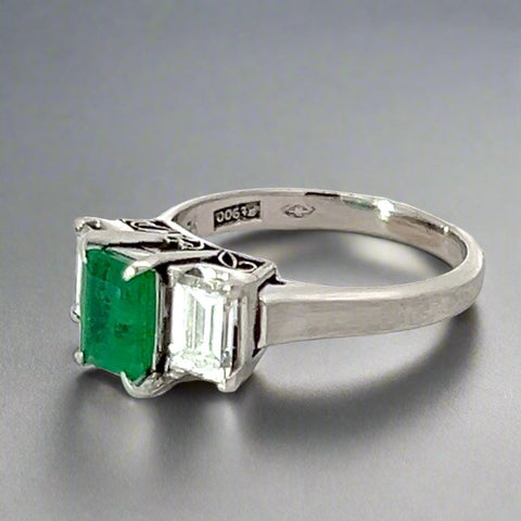 Emerald, Diamond and Platinum Three Stone Ring