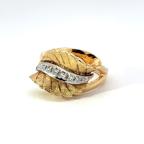 Diamond and 14k Yellow Gold Retro Leaf Ring