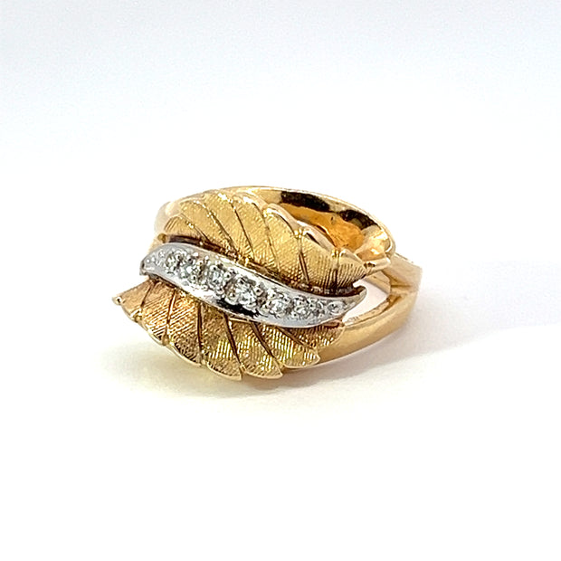 Diamond and 14k Yellow Gold Retro Leaf Ring