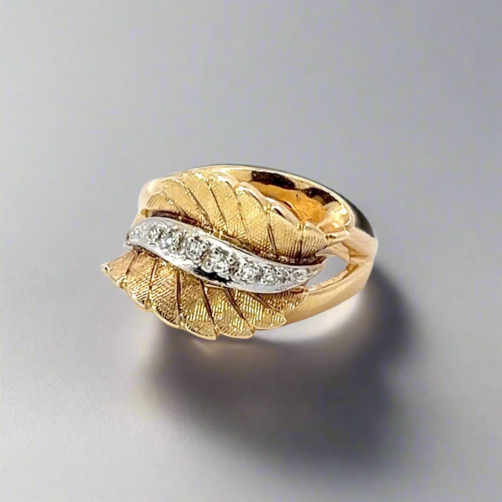 Diamond and 14k Yellow Gold Retro Leaf Ring