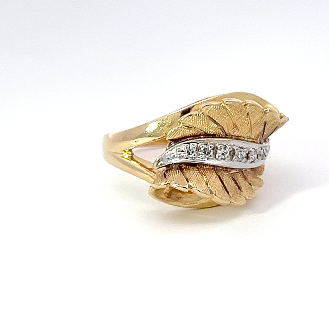 Diamond and 14k Yellow Gold Retro Leaf Ring