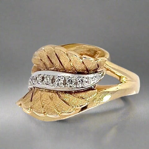 Diamond and 14k Yellow Gold Retro Leaf Ring