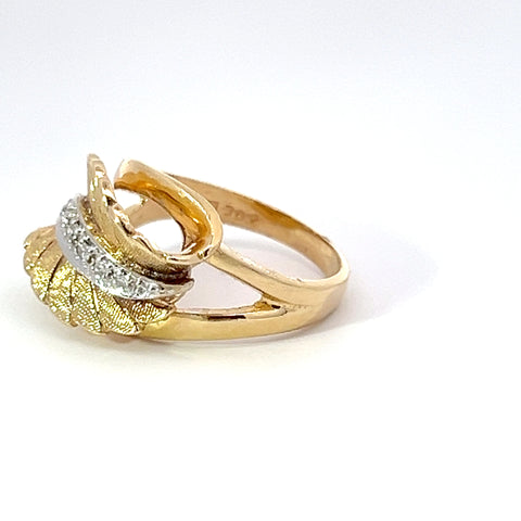 Diamond and 14k Yellow Gold Retro Leaf Ring
