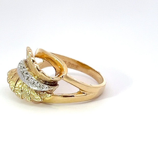 Diamond and 14k Yellow Gold Retro Leaf Ring