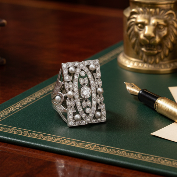 Vintage Diamond and Pearl Platinum and 14Kt White Gold Filigree Ring