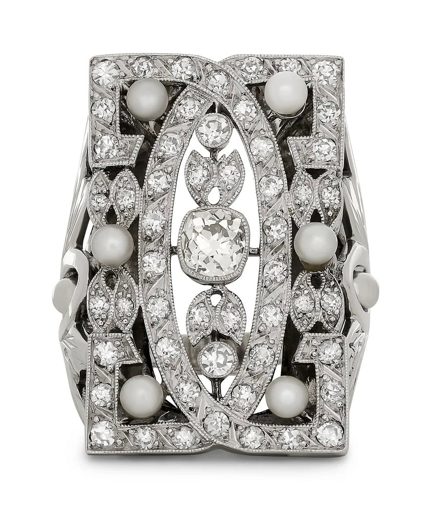 Vintage Diamonds and Pearl Platinum and 14Kt White Gold Filigree Ring