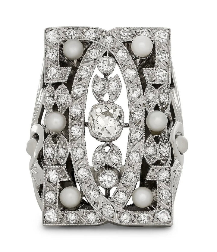 Vintage Diamonds and Pearl Platinum and 14Kt White Gold Filigree Ring