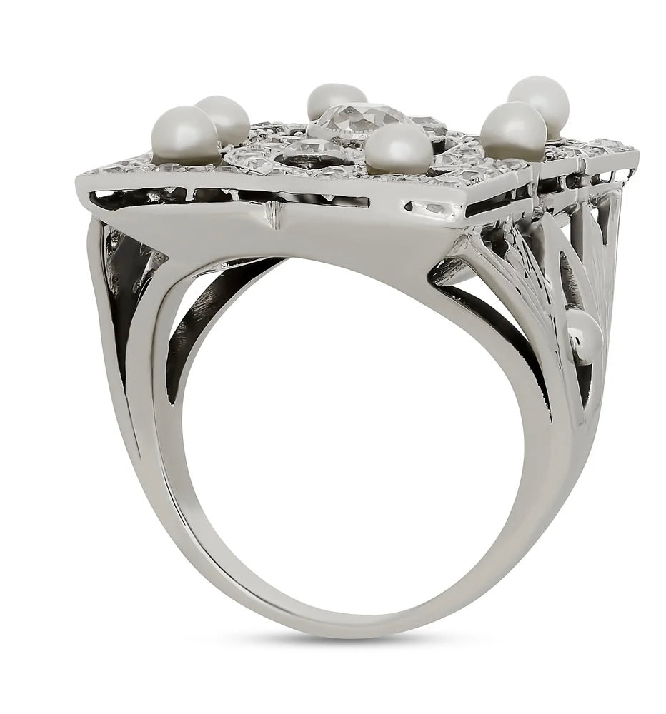 Vintage Diamonds and Pearl Platinum and 14Kt White Gold Filigree Ring