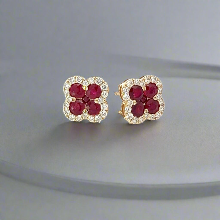 14K Yellow Gold Diamond and Ruby Clover Earrings