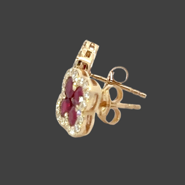 14K Yellow Gold Diamond and Ruby Clover Earrings