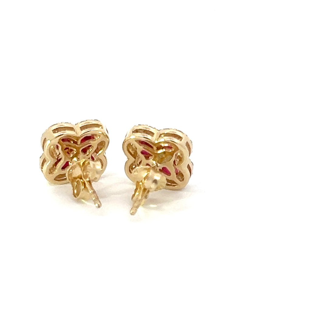 14K Yellow Gold Diamond and Ruby Clover Earrings