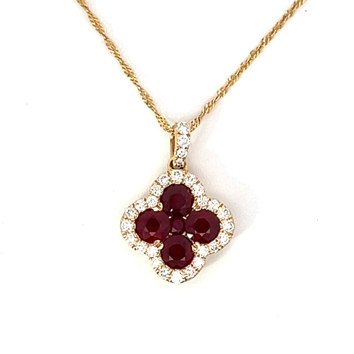 14K Yellow Gold Diamond and Ruby Clover Necklace