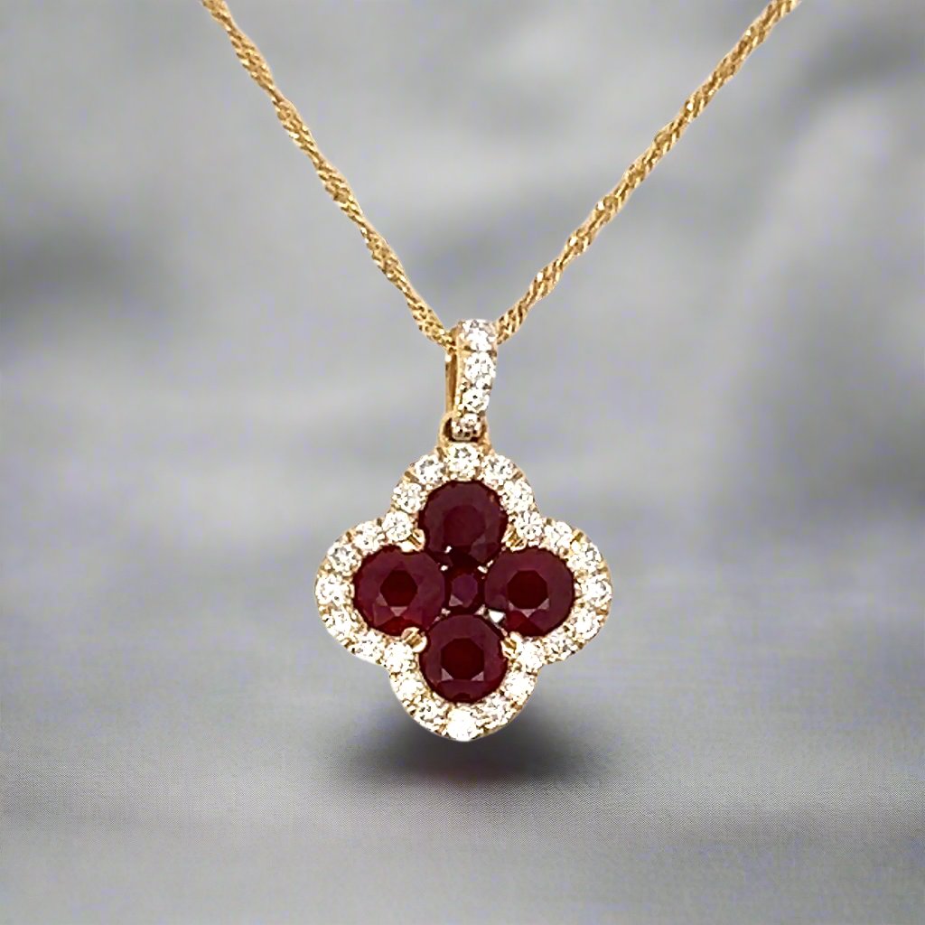 14K Yellow Gold Natural Diamond and Natural Ruby Clover Necklace