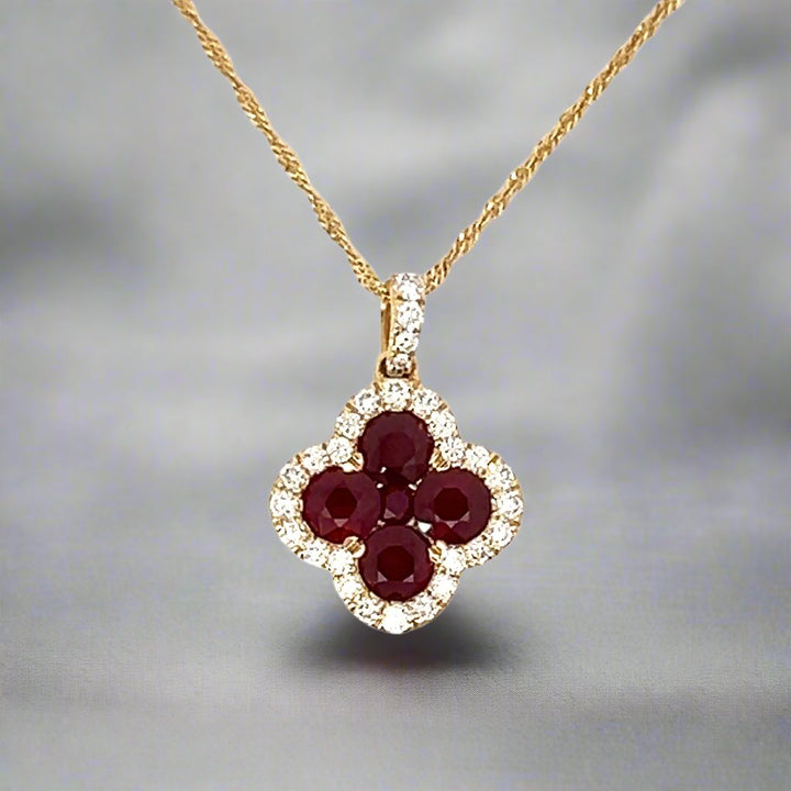 14K Yellow Gold Natural Diamond and Natural Ruby Clover Necklace