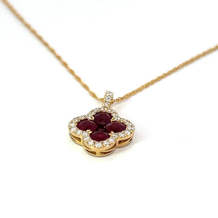 14K Yellow Gold Diamond and Ruby Clover Necklace