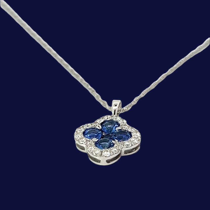 14K White Gold Diamond and Sapphire Clover Necklace